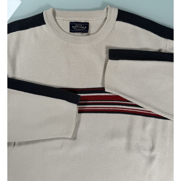 Sonoma Mens LRG Vintage 90's beige w/ stripes long Sleeve Knit Pullover Sweater - Picture 1 of 11